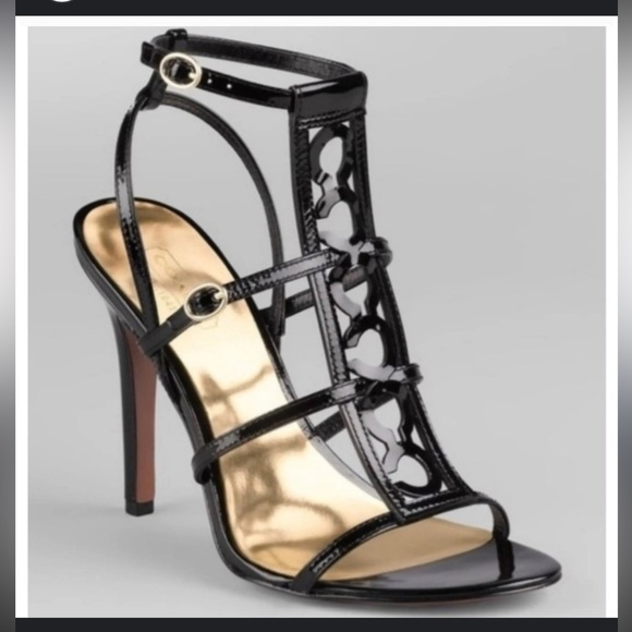 COACH Black Patent Farrow Gladiator Heels 4"  Laser Cut Logo "C" Sz. 8.5 - Picture 1 of 14
